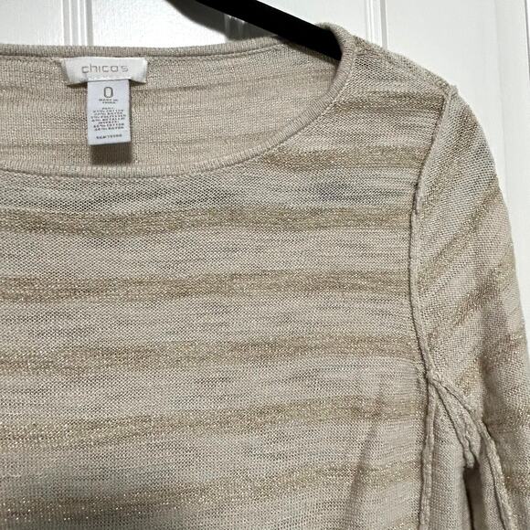 Chico's Shimmer Stripe Metallic Sweater 0/S Coastal Neutral Quiet Luxury Knit - Picture 7 of 11
